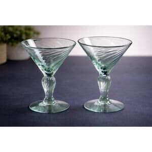 Oversized Margarita Glasses Hand Blown Seafoam Green Swirl Set of 2 Barware